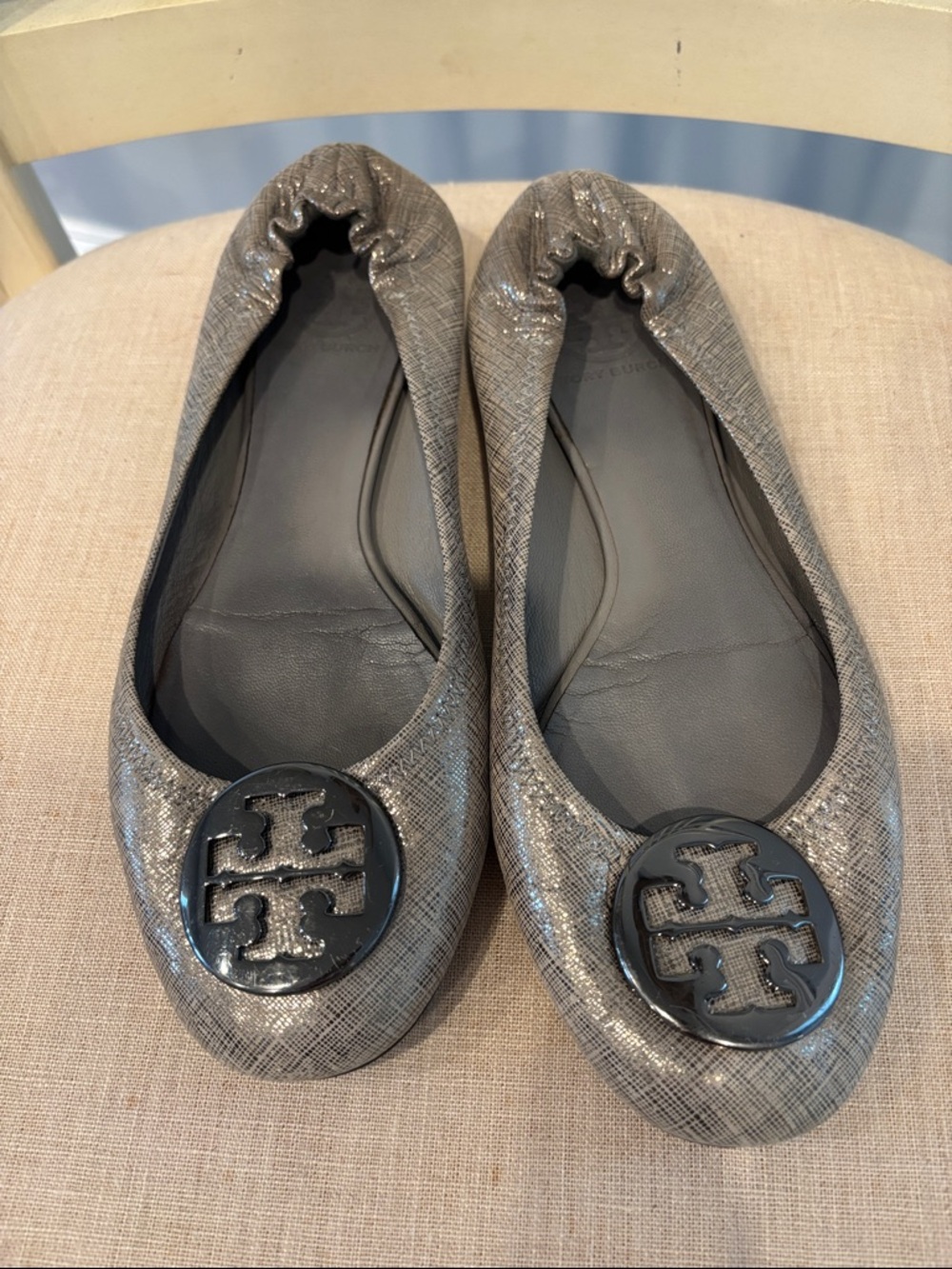 Tory Burch Metallic Gray Silver Reva Logo Ballet Flats